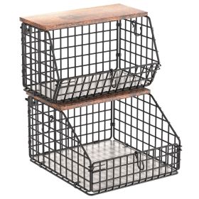 2Pcs Stackable Fruit Baskets For Kitchen Wall Mounted Hanging Basket With Wood Lid 4 Banana Hooks Potato and Onion Storage Bin Kitchen Organizers for