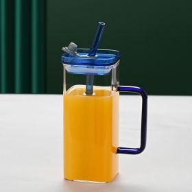 1 Pcs Blue Glass Straw Cup, 6 Colors Square Glass Cup With Straw And Lid, High Borosilicate Glass Cup, Milk Cup, Juice Cup, Cold Drink Cup, Coffe (Color: Blue)
